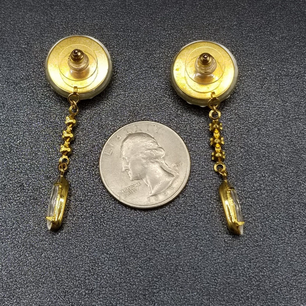 Pierced Earrings Gold tone Heart Flower Button Faceted Crystal Dangle 2 1/4"