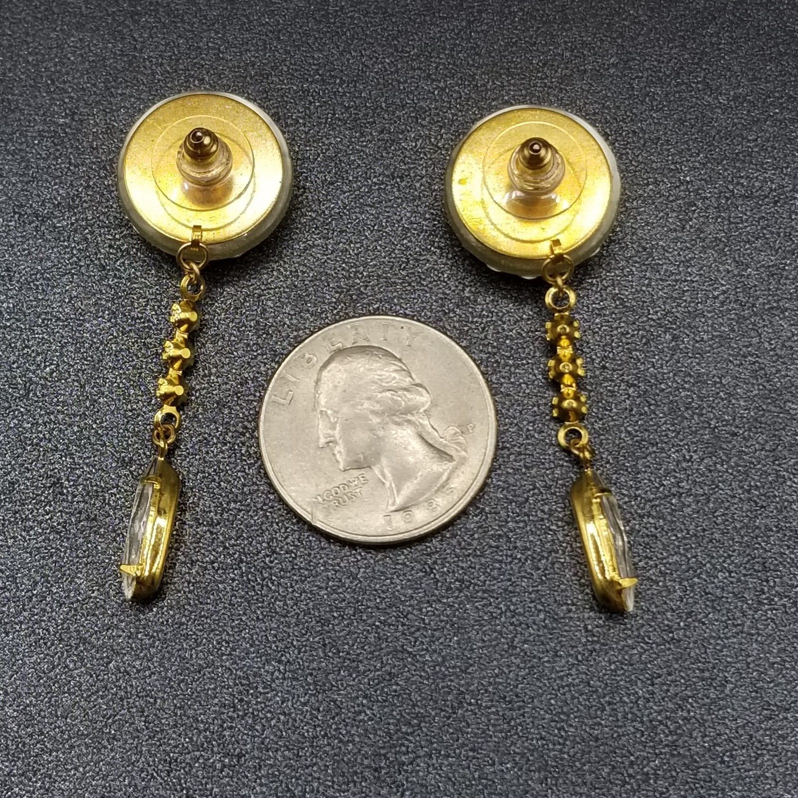 Pierced Earrings Gold tone Heart Flower Button Faceted Crystal Dangle 2 1/4"