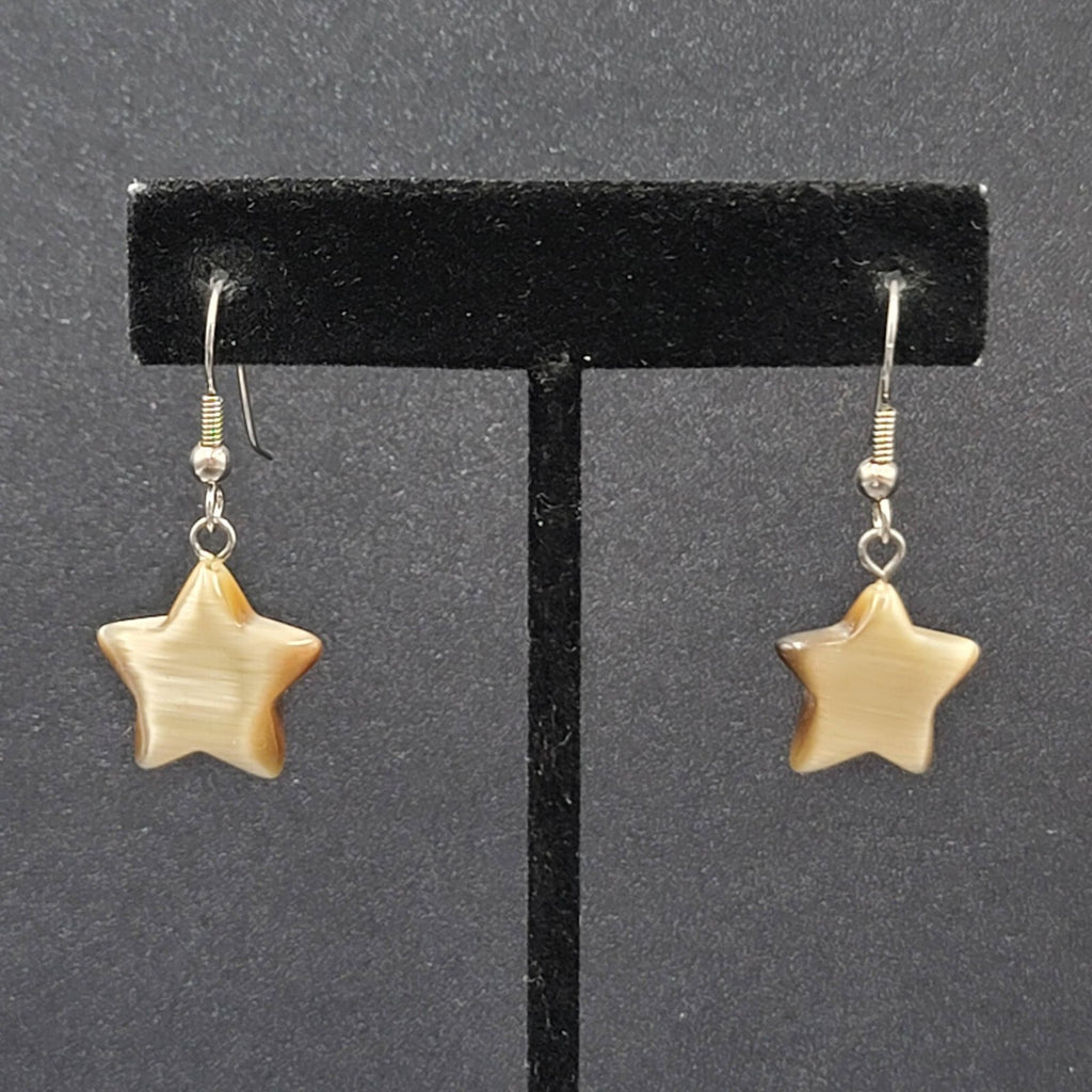 Pierced Earrings Silver tone Tan Brown Satin Cats Eye Glass Star Bead Dangle 3/4