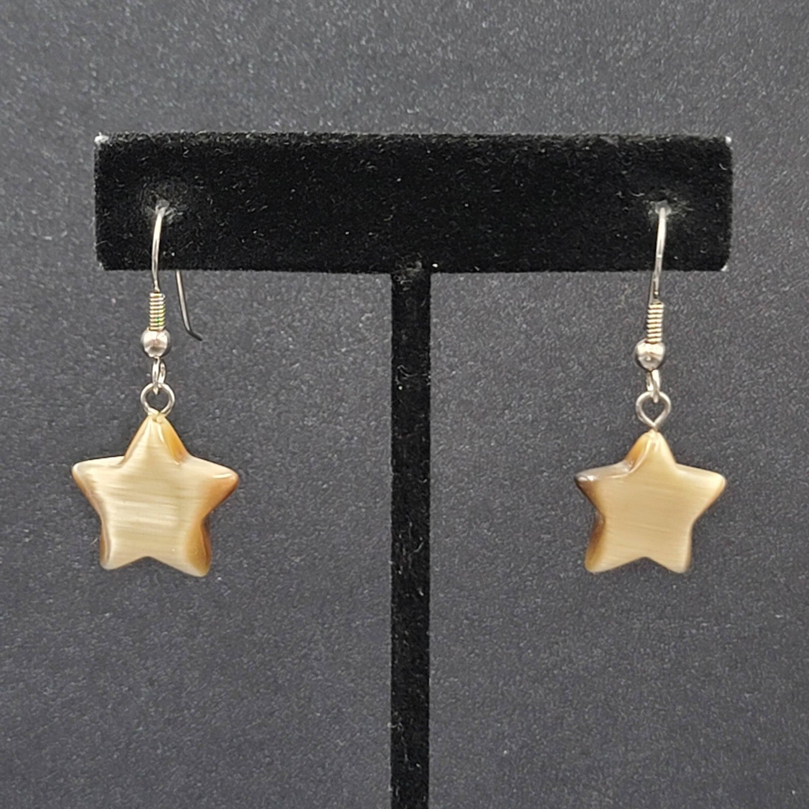 Pierced Earrings Silver tone Tan Brown Satin Cats Eye Glass Star Bead Dangle 3/4