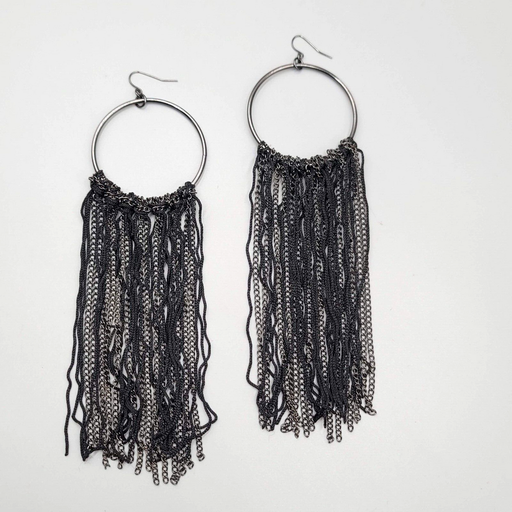 LONG Statement Pierced Earrings Black Silver tone Chains Punk Rock 6"