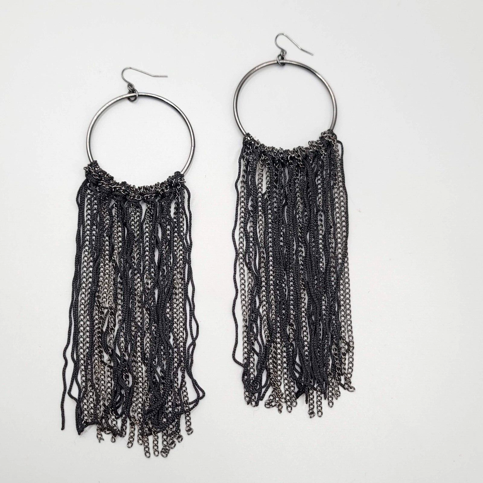 LONG Statement Pierced Earrings Black Silver tone Chains Punk Rock 6"