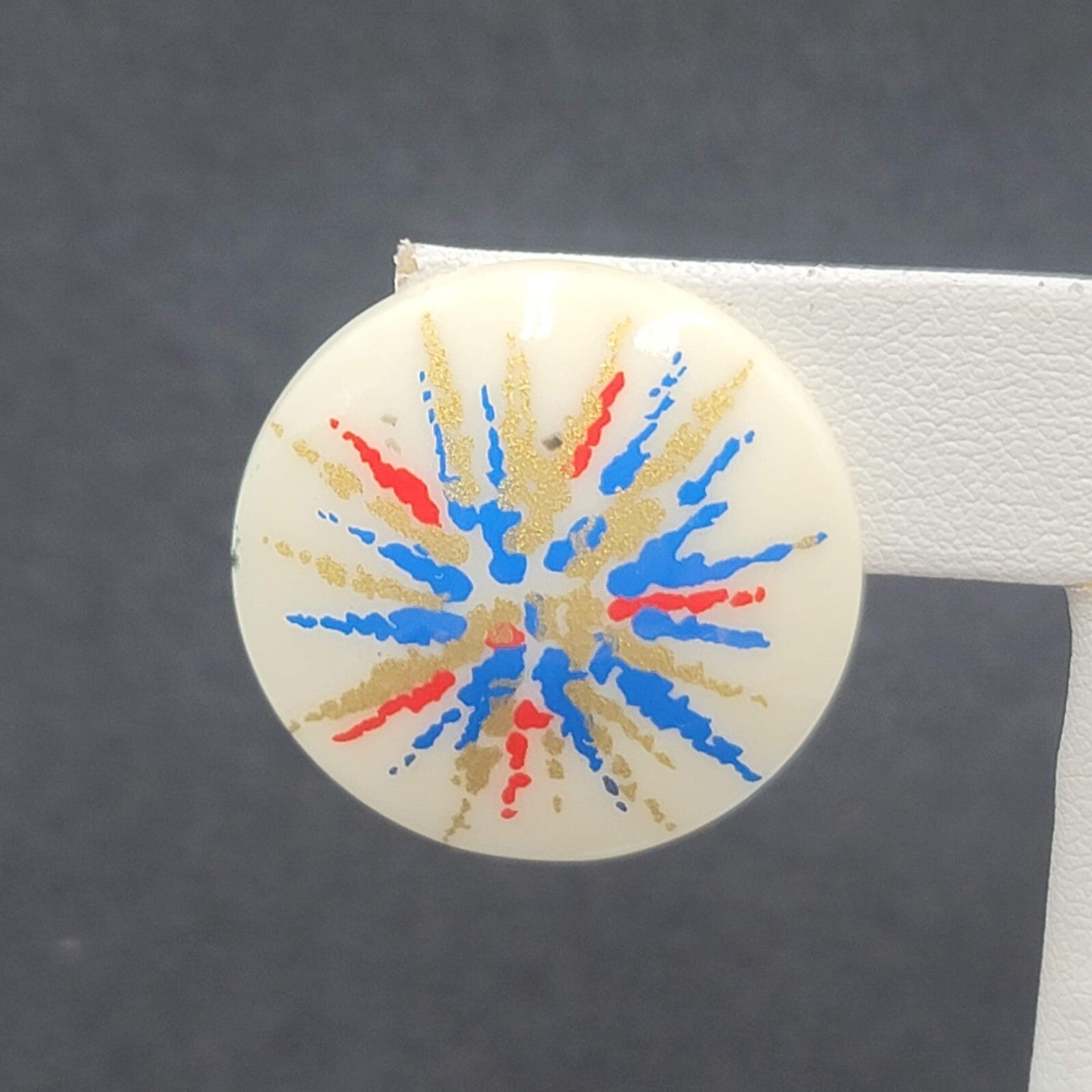 Vintage Pierced Earrings Acrylic White Red Blue Gold Artistic Round Drop 1 1/8"