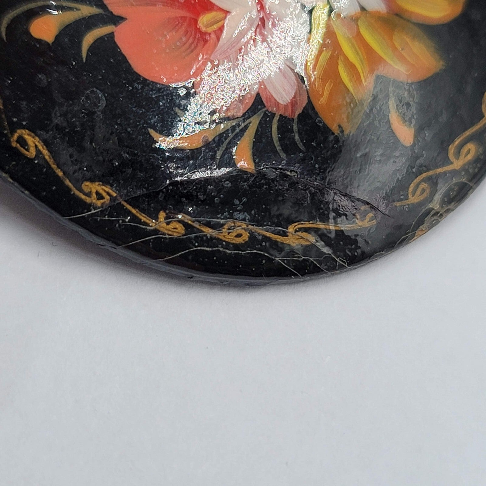 Vintage Russian Black Enamel Hand Painted Flower Brooch Pin 1 7/8"