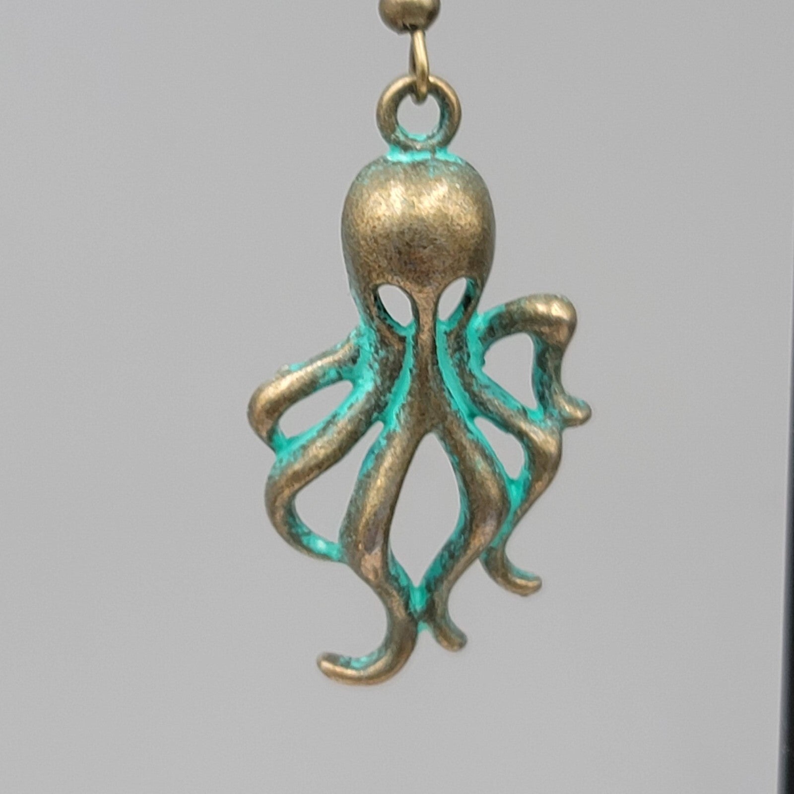 Octopus Beach Sea life Pierced Earrings Bronze tone Green wash Dangle 1 1/8"
