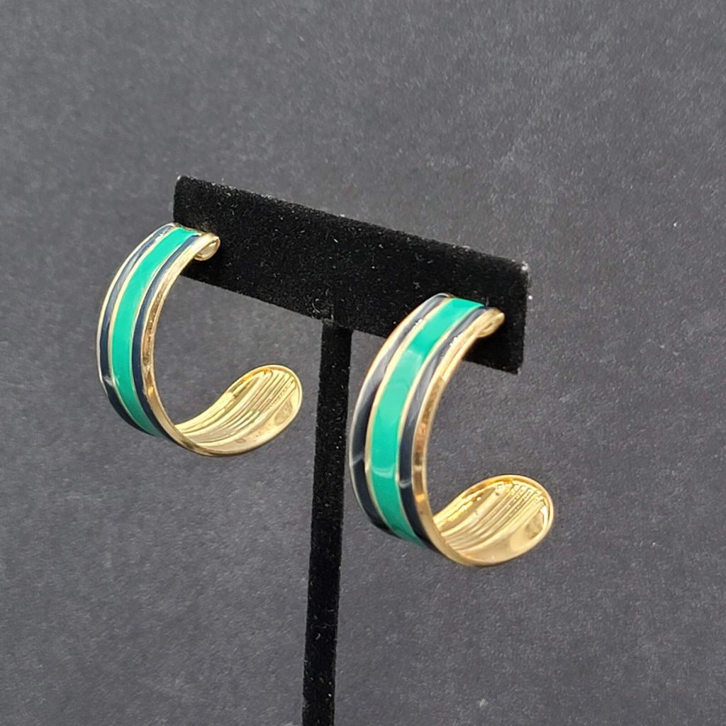 Vintage Pierced Earrings Gold tone Green Black Enamel Hoops 1.25"