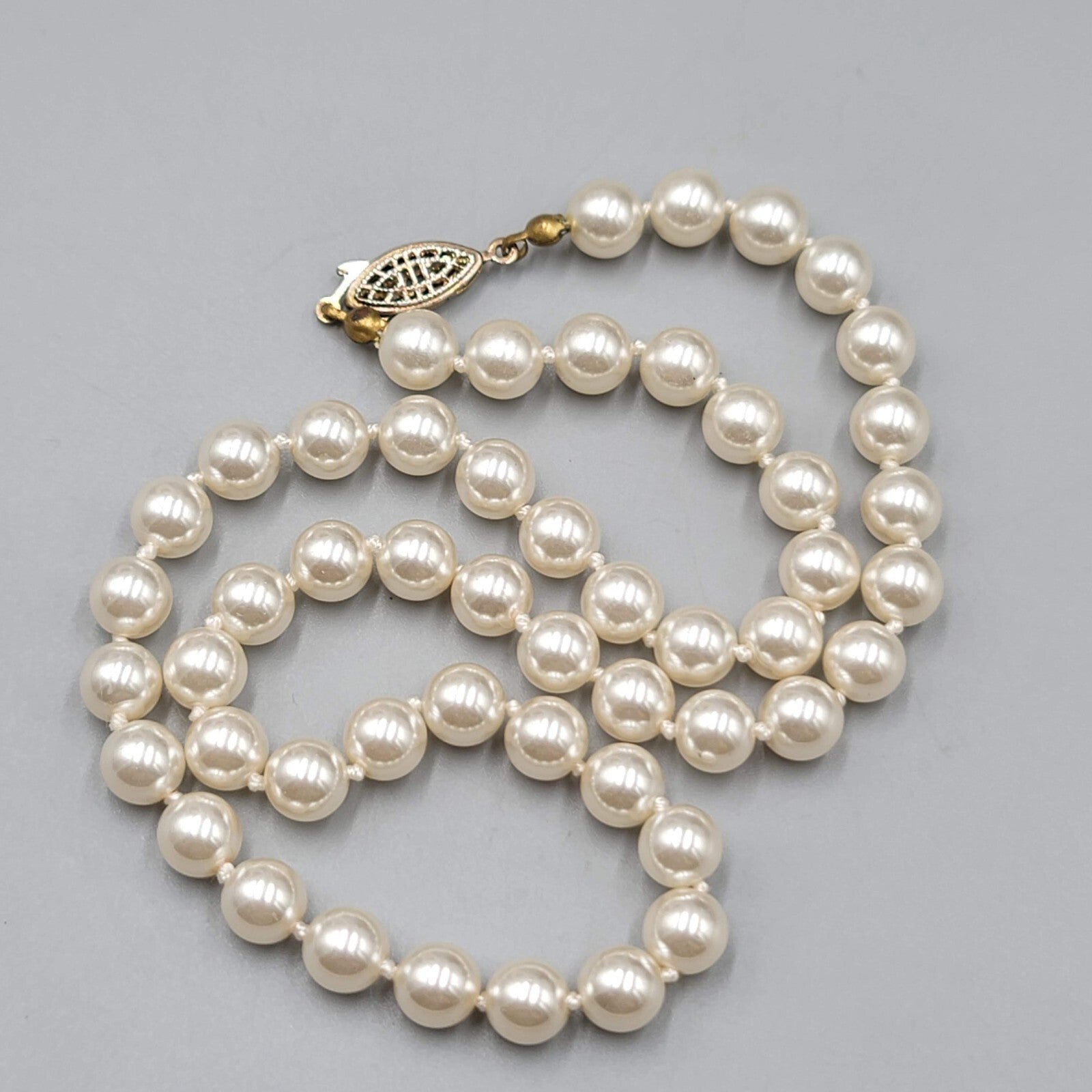 Vintage Necklace Faux Pearl Glass Bead Hand Knotted 7mm 19"