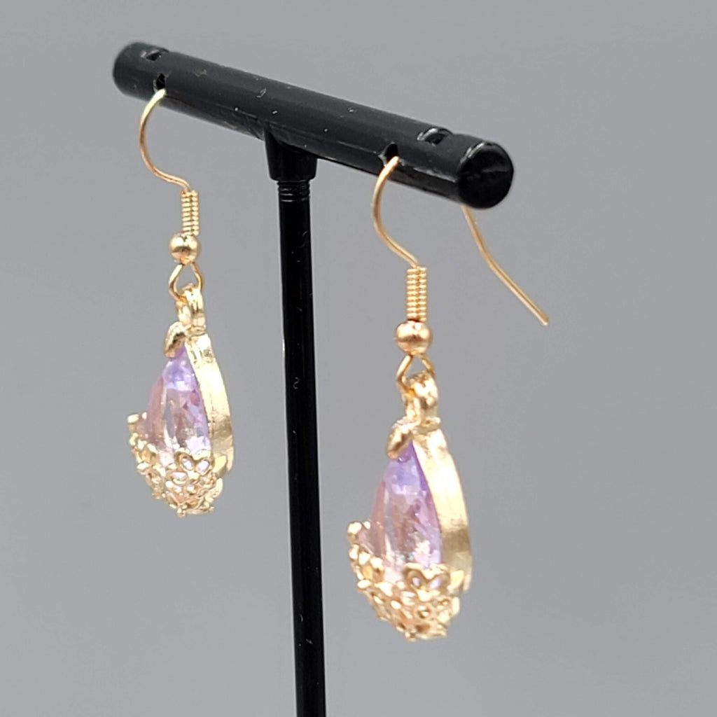 New Pierced Earrings Gold tone Glitter Purple Glass Teardrop Dangle 3/4"