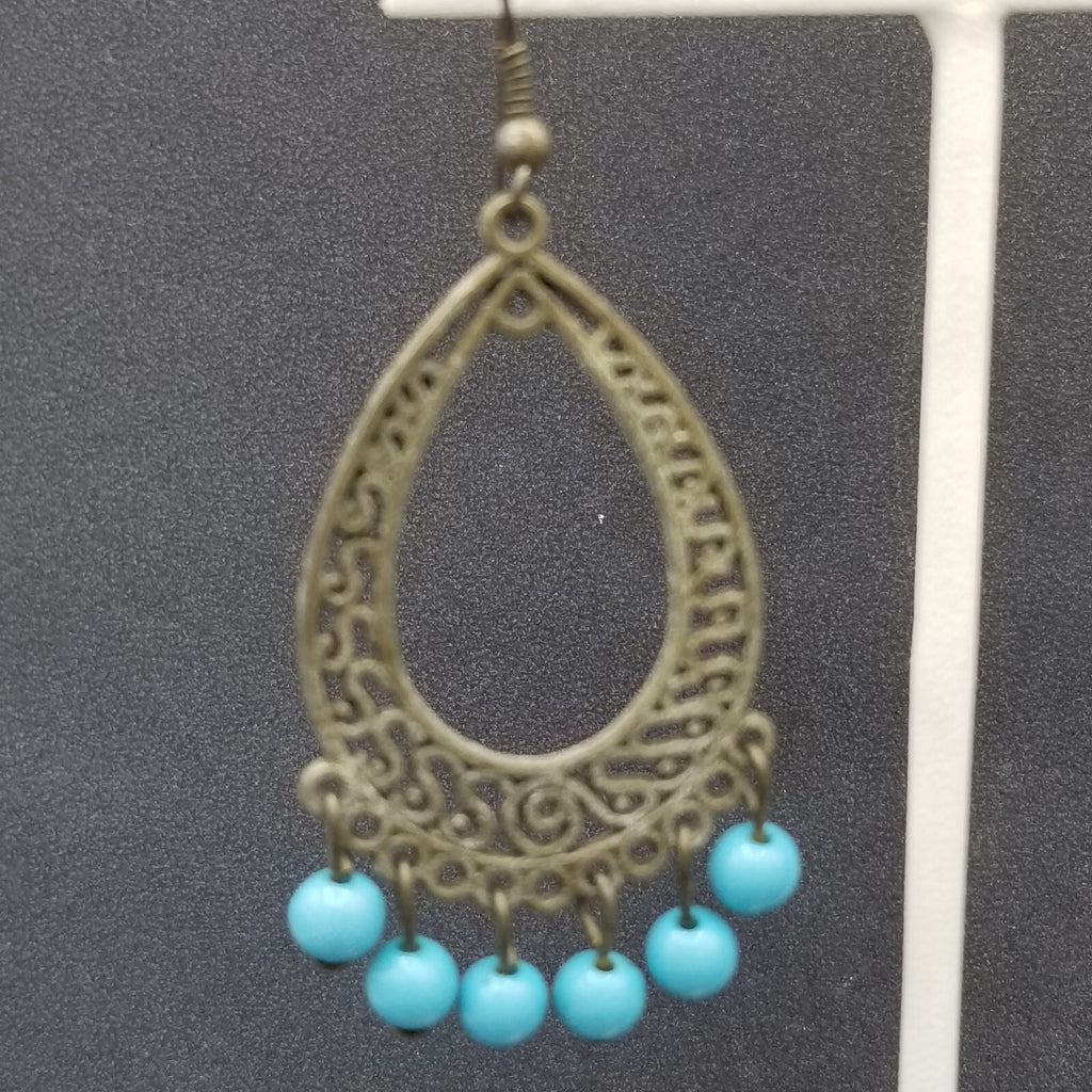 Pierced Earrings Bronze tone Chandelier Teardrop Blue Bead Dangle 2.25"