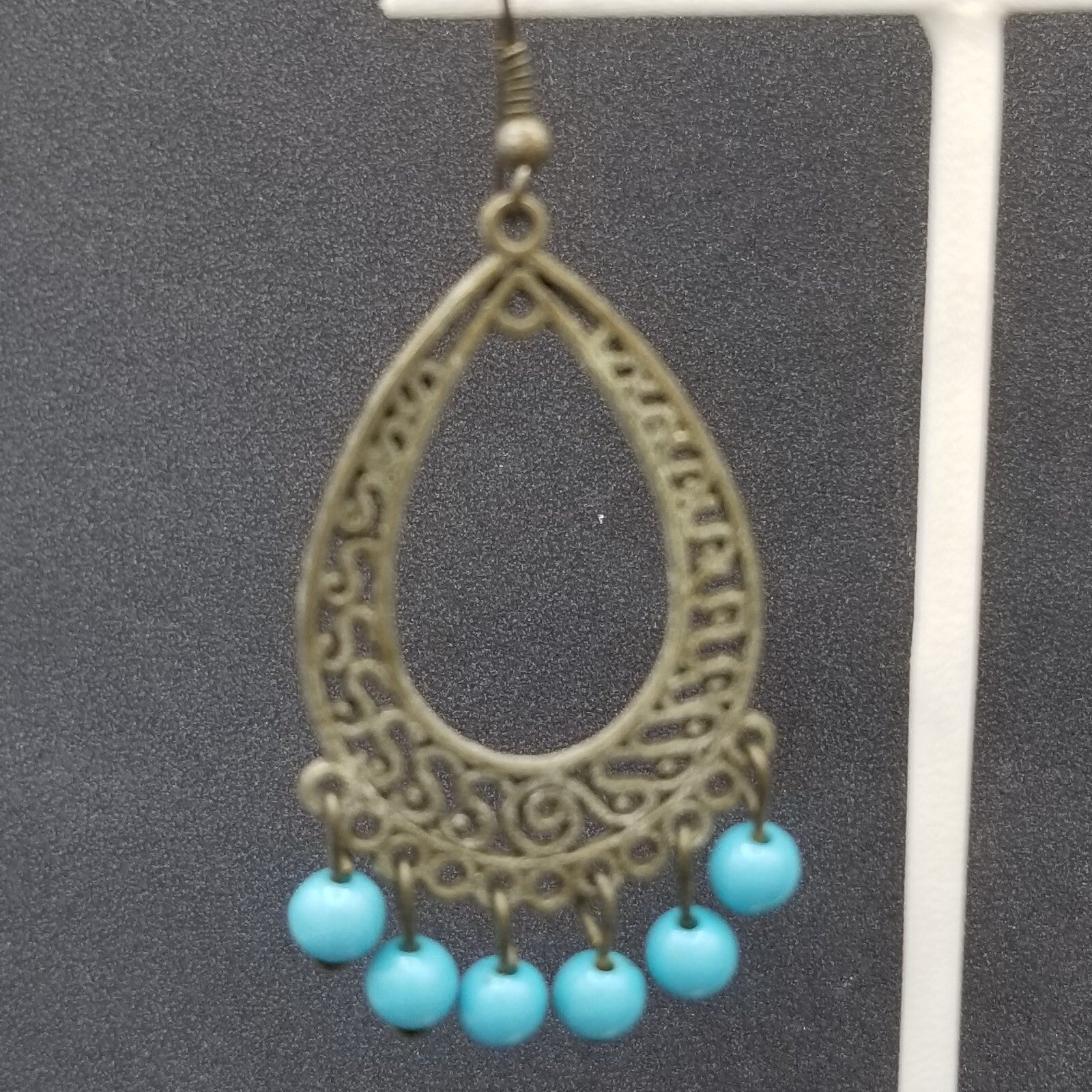 Pierced Earrings Bronze tone Chandelier Teardrop Blue Bead Dangle 2.25"