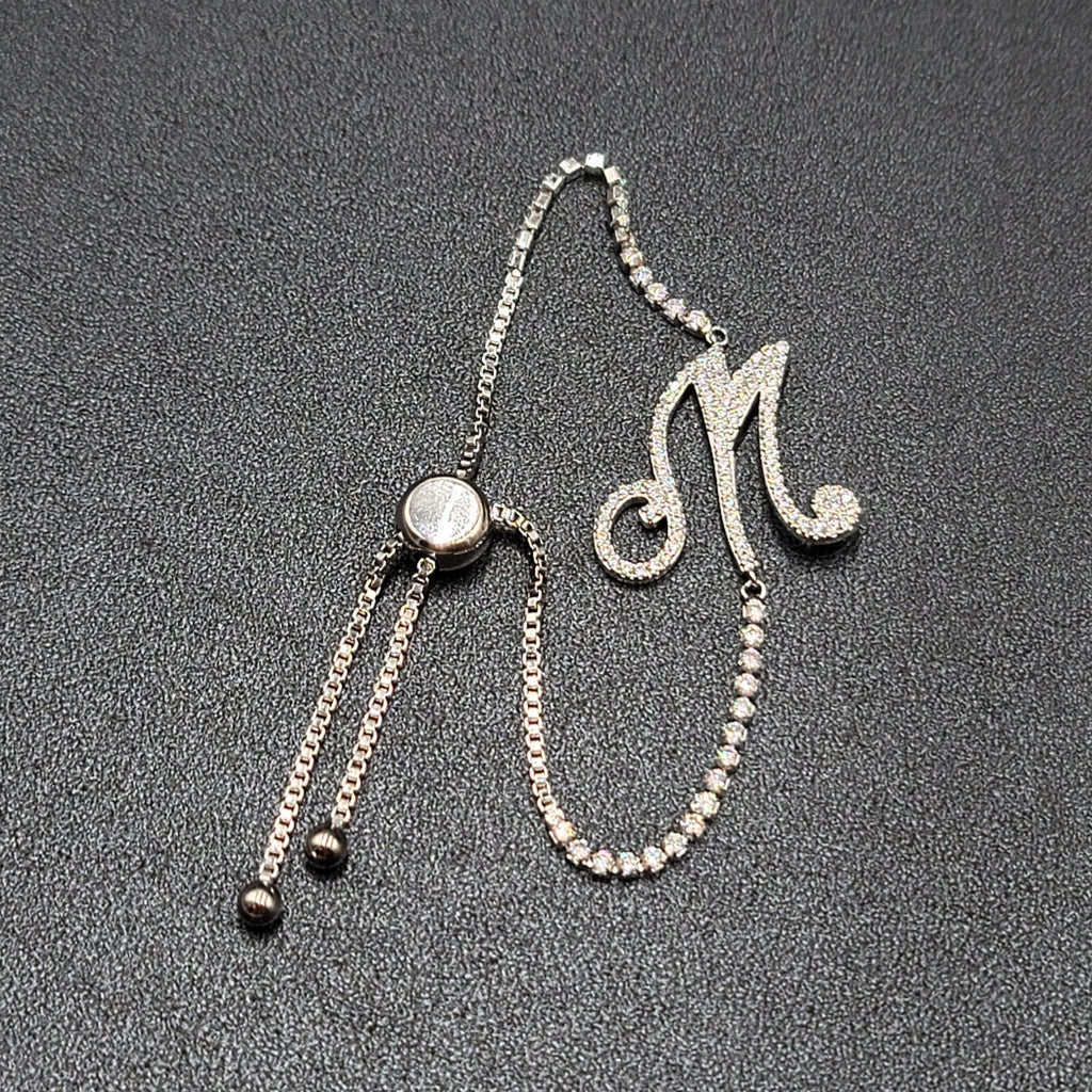 Monogram Initial Bracelet Bracelet Letter M Silver tone Crystal Studded Bolo