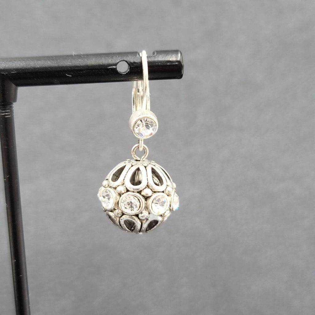 Pierced Earrings Silver tone Crystal Rhinestone Sphere Dangle 5/8" Sparkly!
