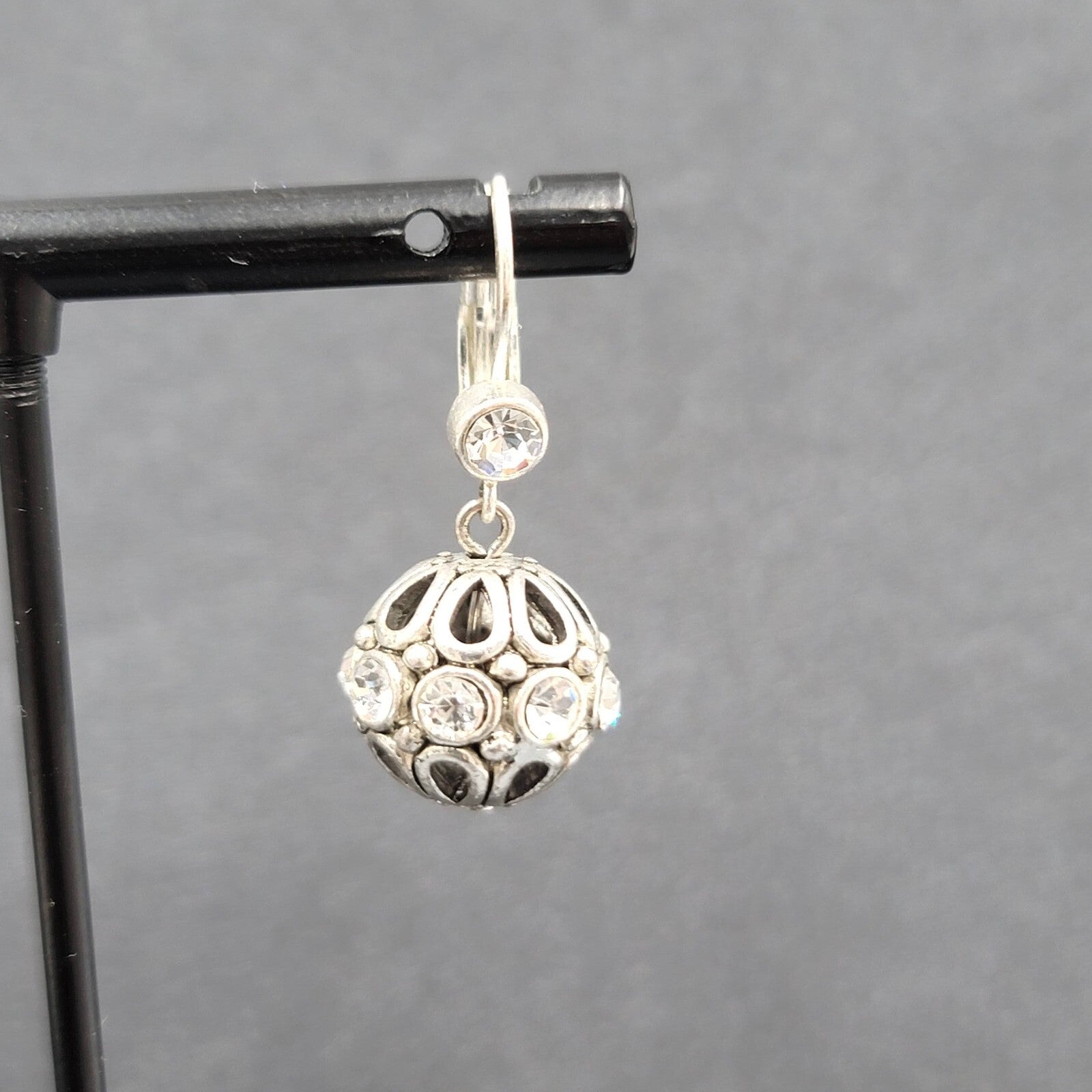 Pierced Earrings Silver tone Crystal Rhinestone Sphere Dangle 5/8" Sparkly!