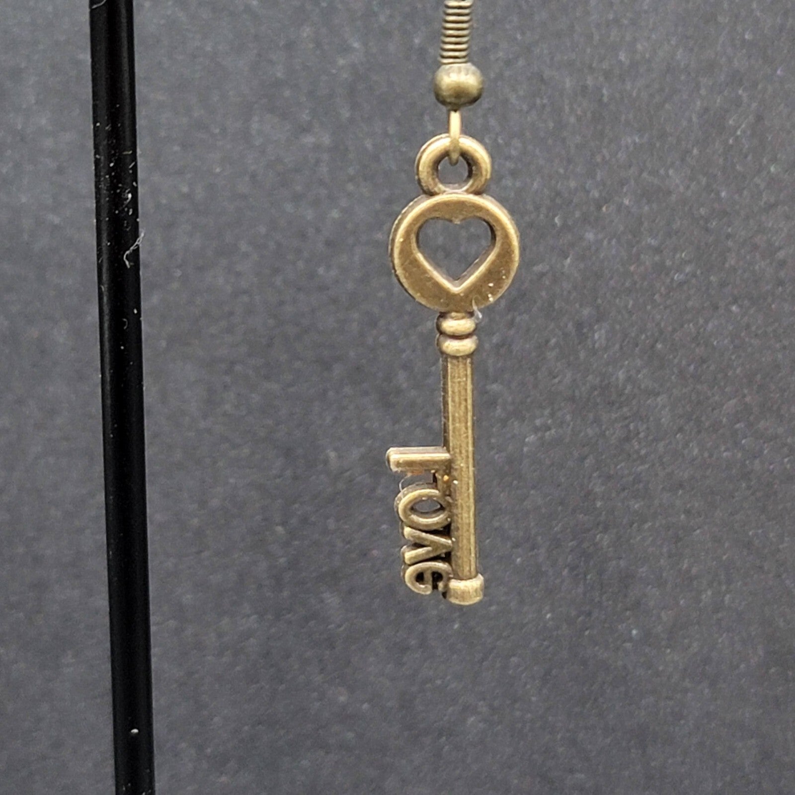 NEW Skeleton Key Pierced Earrings Bronze tone LOVE Dangle 1.25"