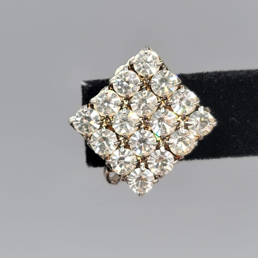 Vintage Square Rhinestone Clip on Earrings Silver tone 7/8"