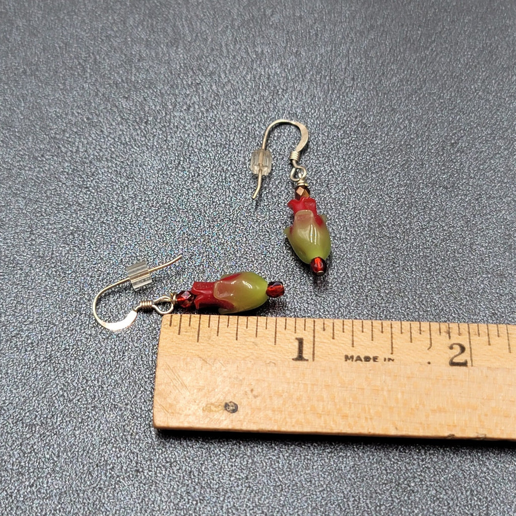 Sterling Silver Pierced Earrings Red Green Glass Tulip Flower Dangle 3/4" 925