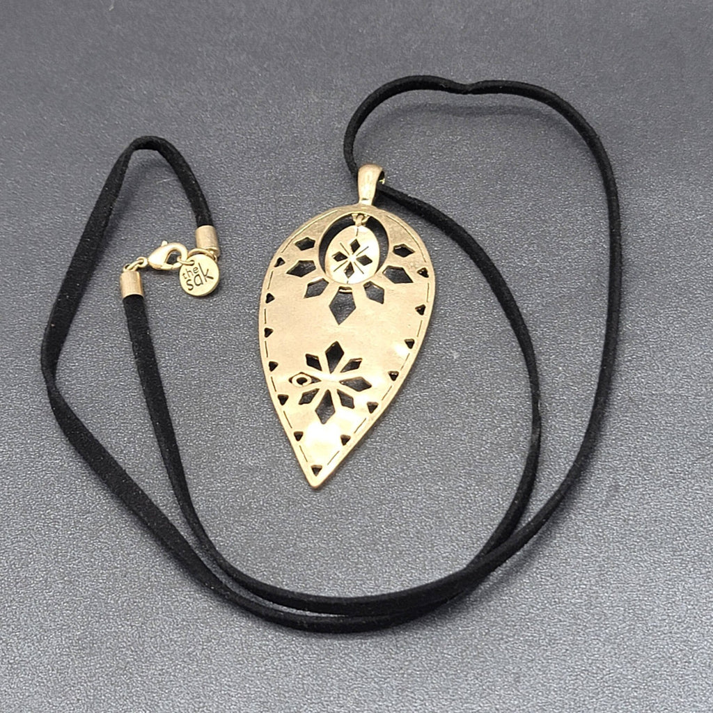 The Sak Necklace Gold tone Pendant Black Faux Leather Cord 28"
