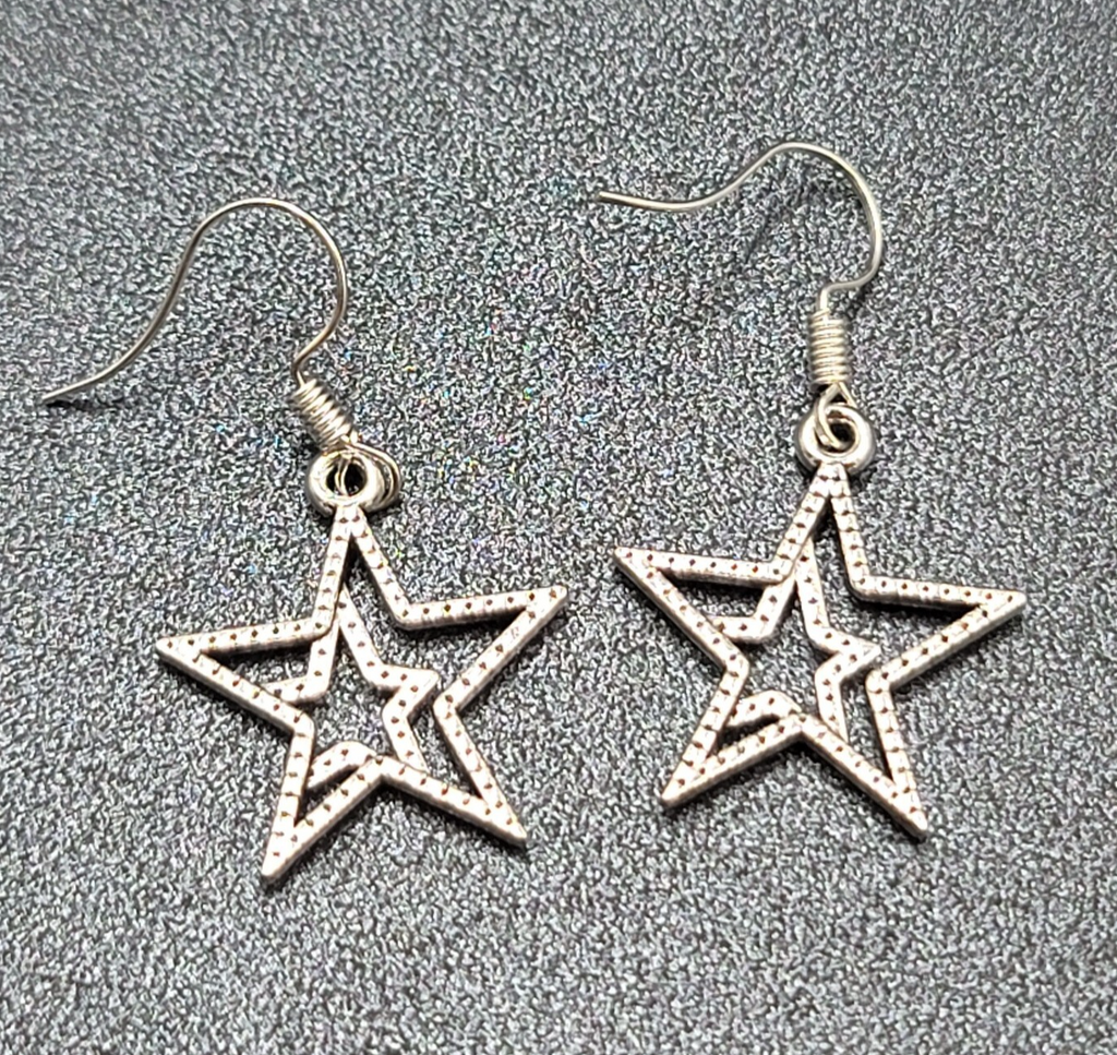 Pierced Earrings Silver tone Dangle Double Open Star 7/8"
