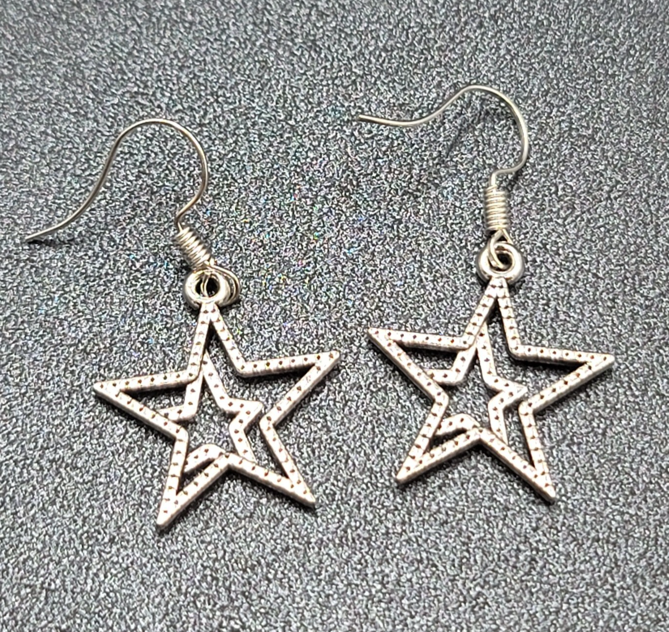 Pierced Earrings Silver tone Dangle Double Open Star 7/8"