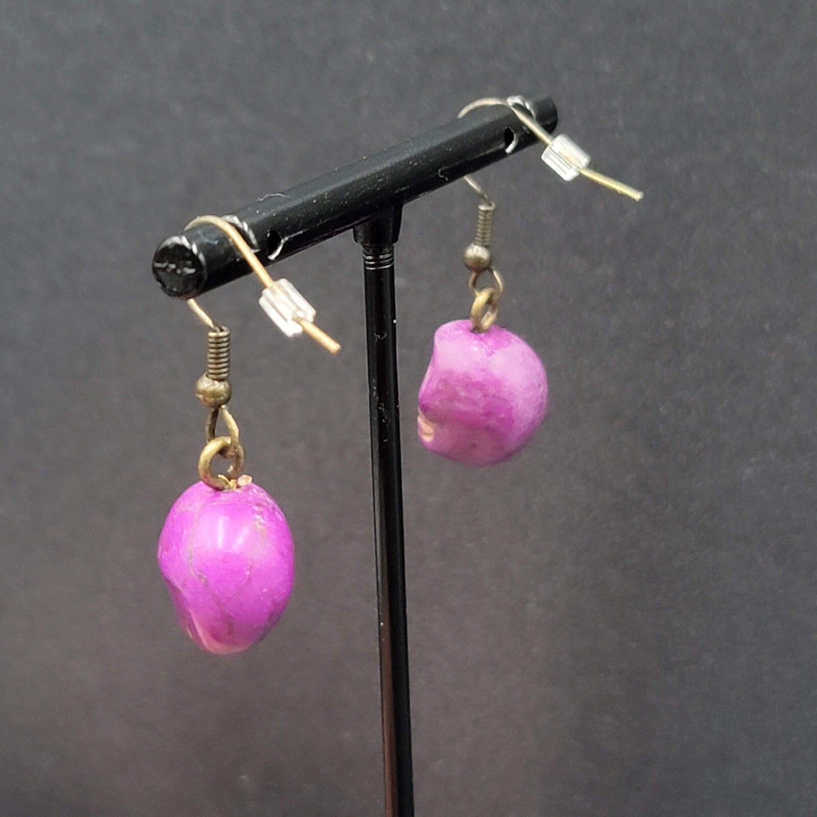 Skull Pierced Earrings Purple Howlite Stone Bead Dangle 3/4"