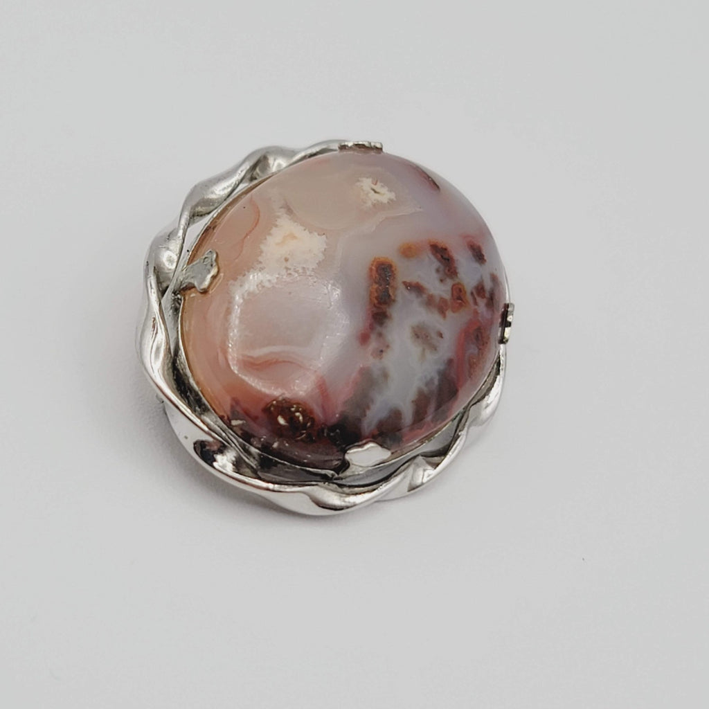 Vintage Natural Stone Lace Agate Brooch Silver Tone Pin 1.25 in