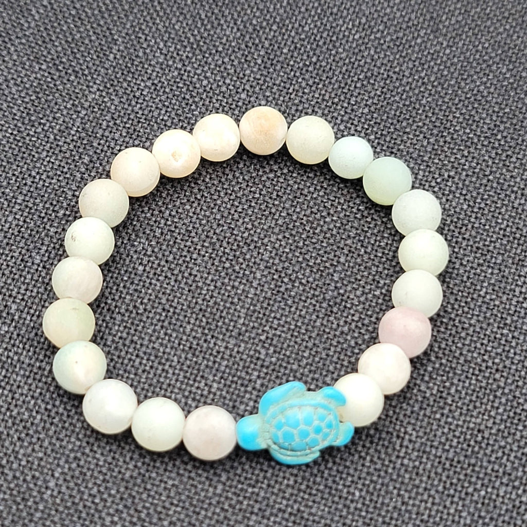 Sea Turtle Bracelet Pastel Stone Bead Elastic Summer Beach Theme 6.25"