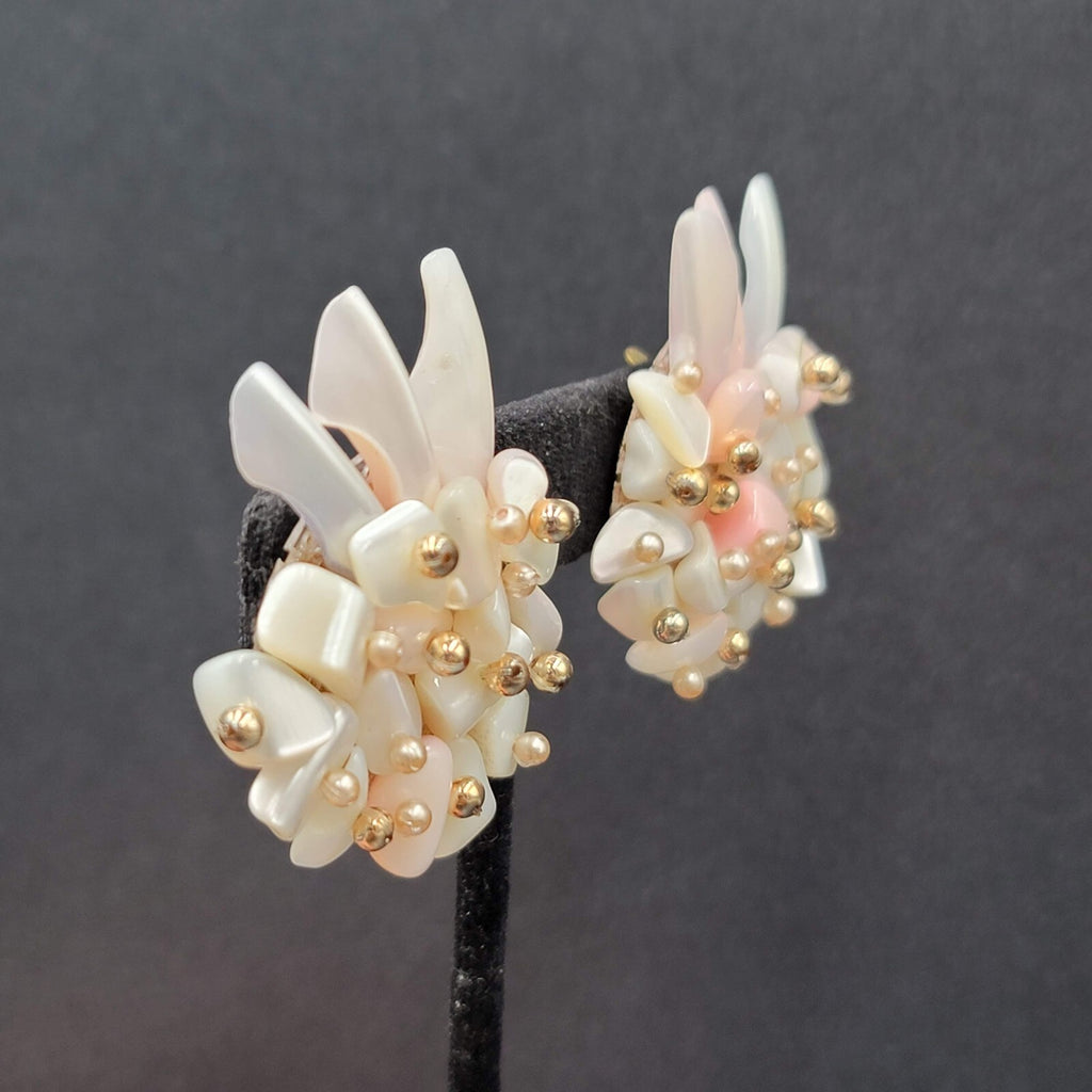 Vintage Clip on Earrings Large Statement Shell Climber Cluster Beads 1.75"