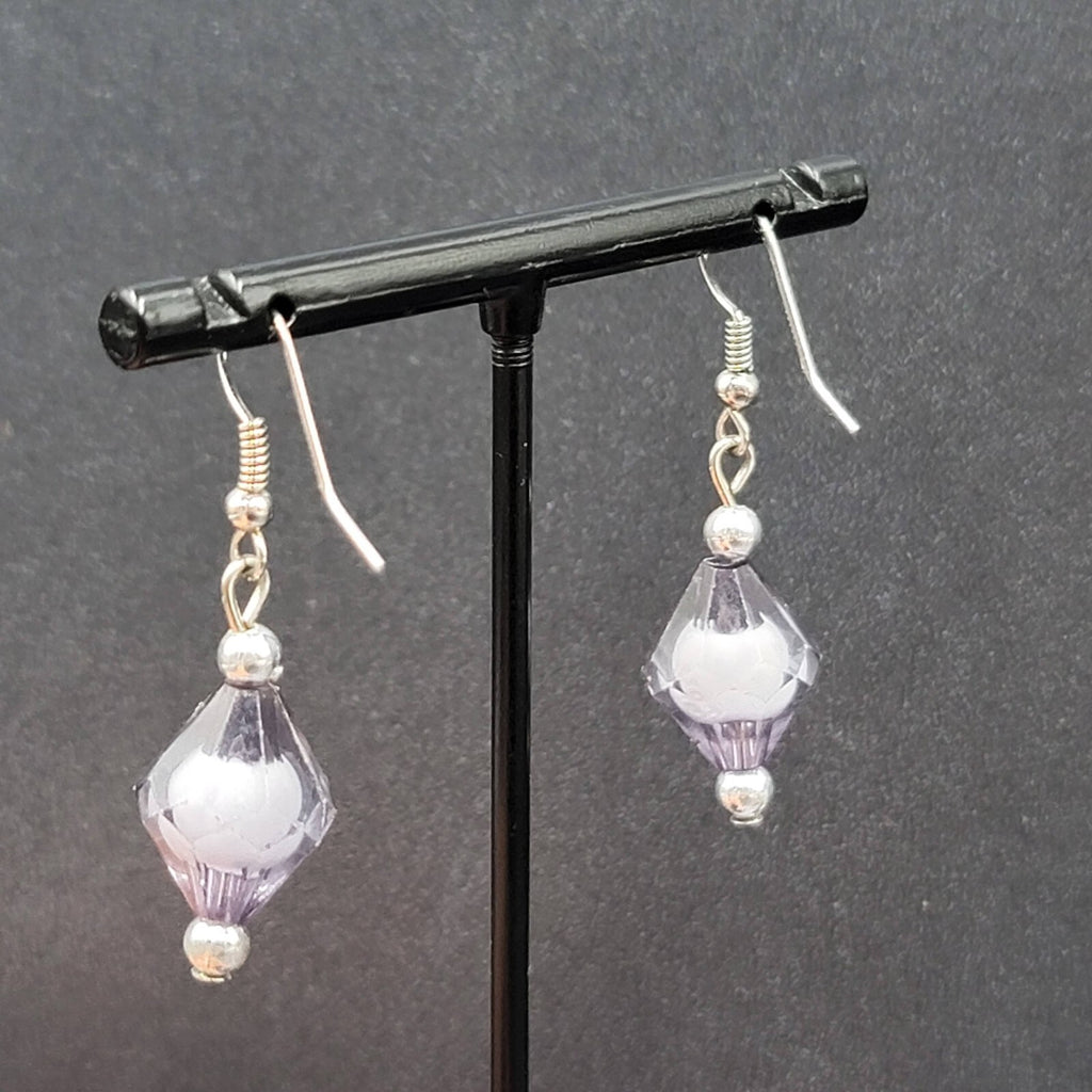 Pierced Earrings Silver tone Black White Art Bead Dangle 1"