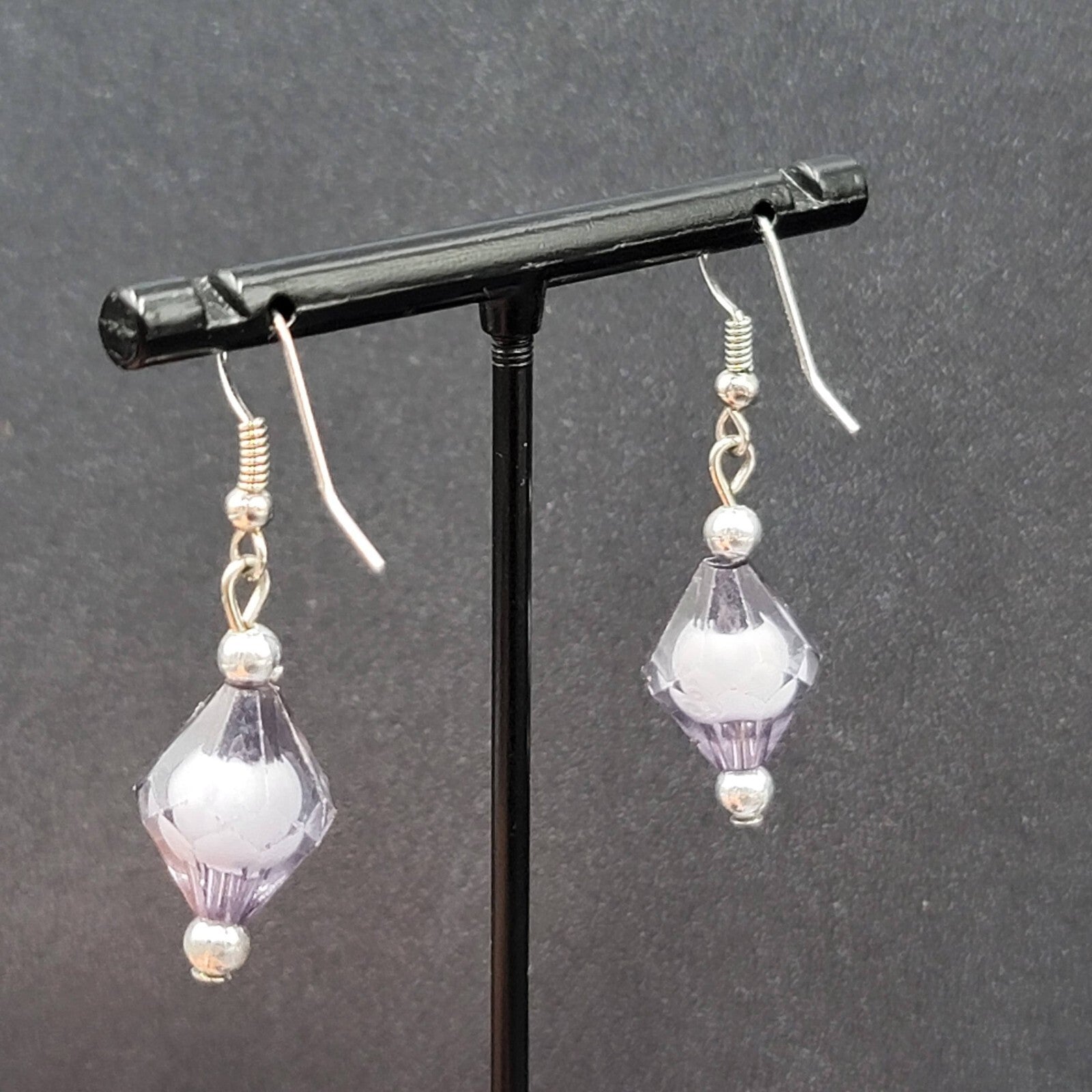 Pierced Earrings Silver tone Black White Art Bead Dangle 1"
