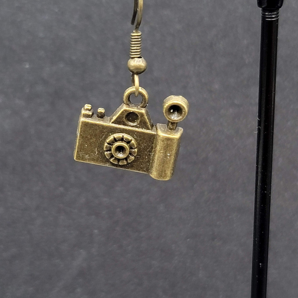 Camera Pierced Earrings Retro Bronze tone Dangle 1/2"