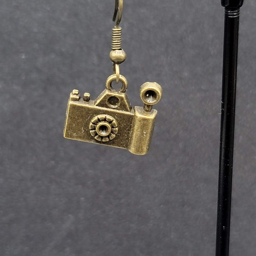 Camera Pierced Earrings Retro Bronze tone Dangle 1/2"