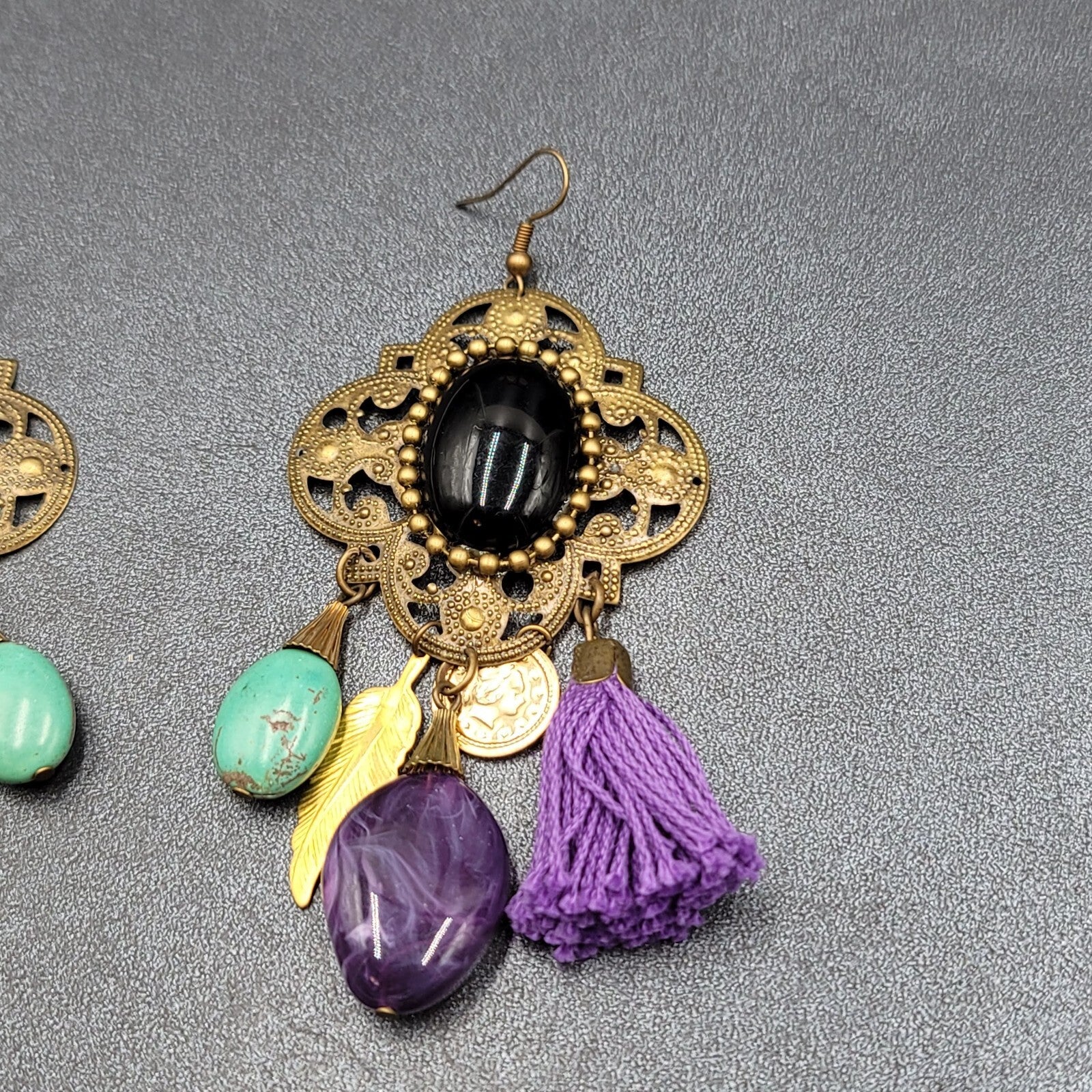Pierced Earrings Large Statement Bronze tone Purple Tassel Boho Charms 3.5"