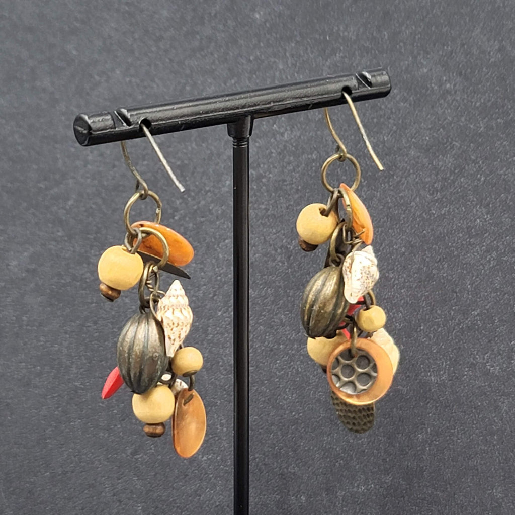 Charm Pierced Earrings Bronze tone Seashells Beads 2"