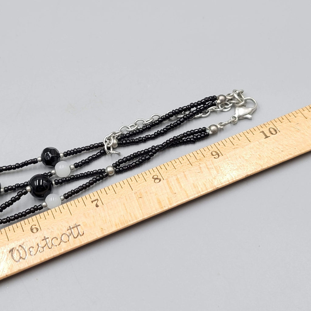 Black Glass Bead White Opaque Double Strand Necklace 20"-22"