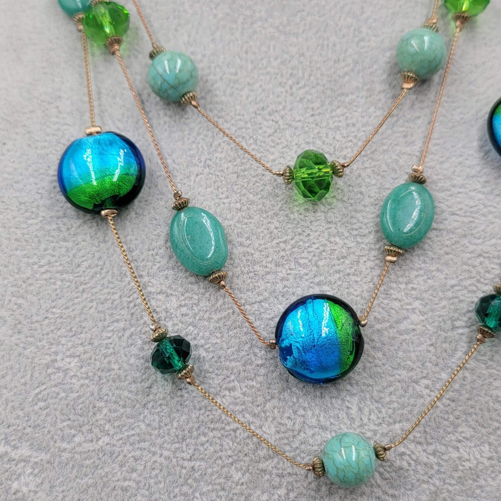 Triple Chain Blue Green Glass Bead Necklace Gold tone 16"-18"