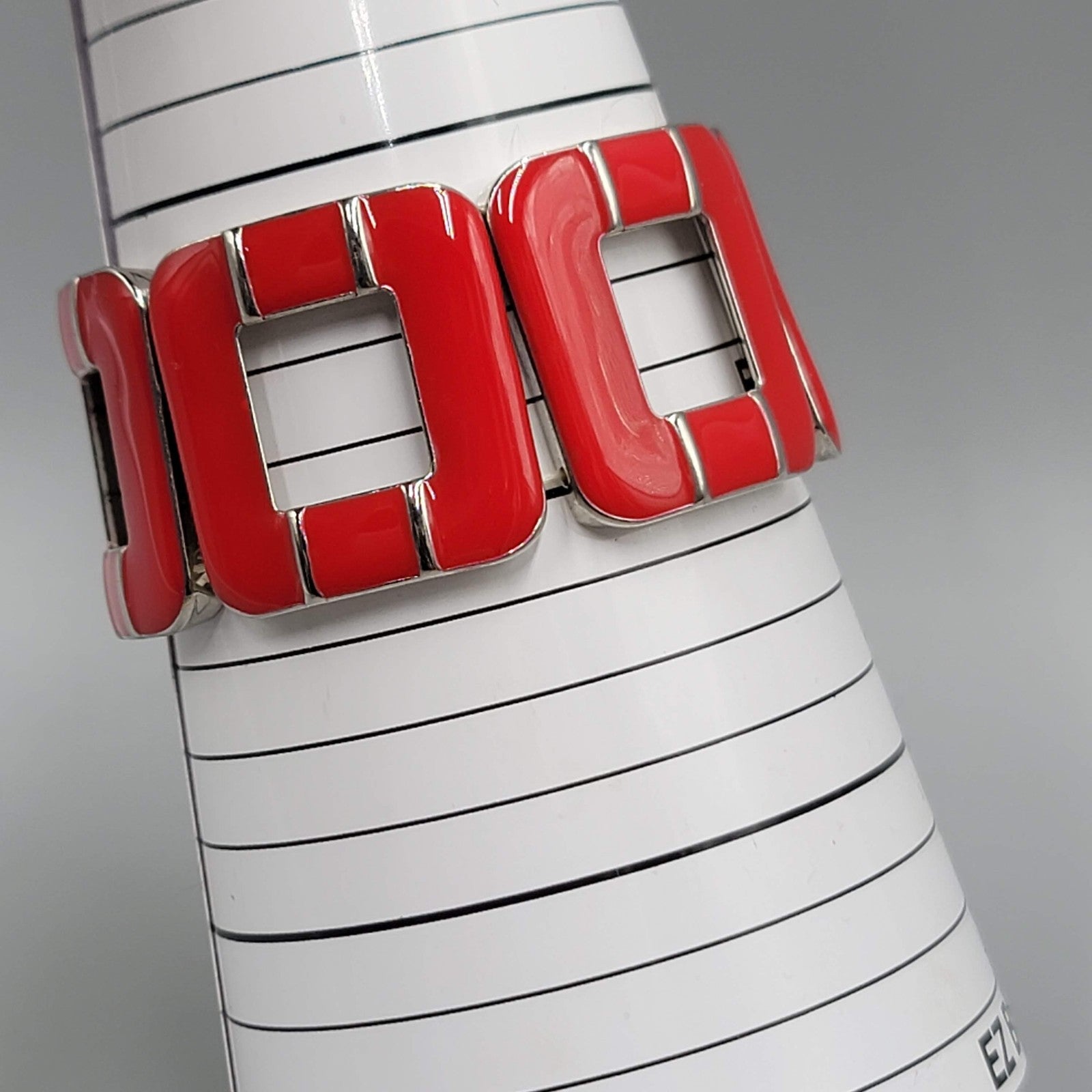 Chunky Link Bracelet Silver Tone Geometric Modern Statement Wide Elastic Enamel