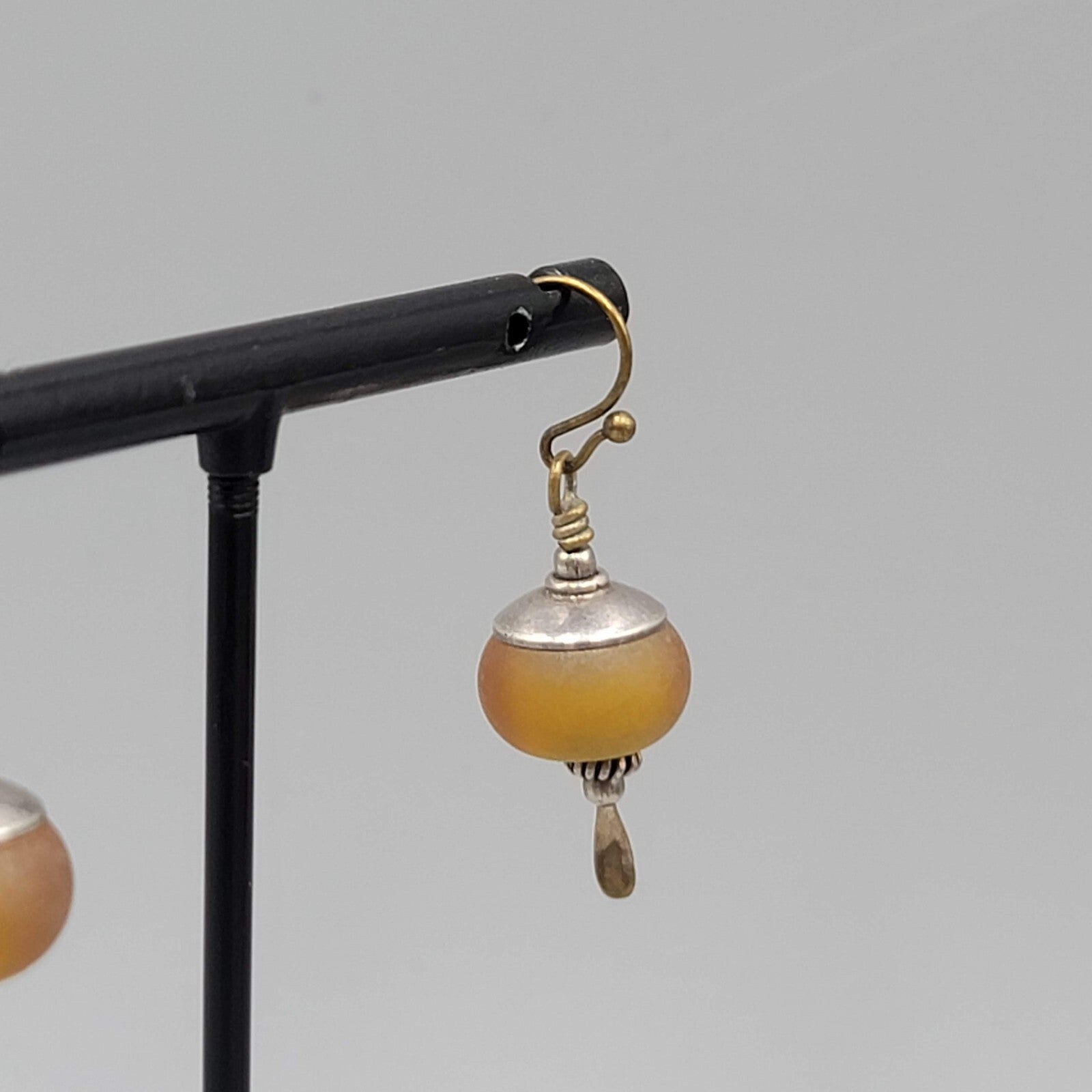 Glass Bead Pierced Earrings Bronze tone & Silver tone Dangle 1"