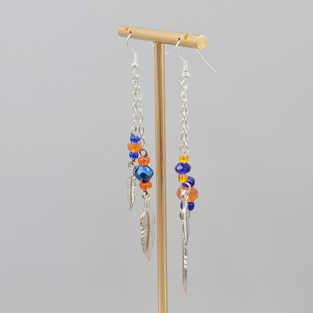 Dangle Pierced Earrings Silvertone Bead Chain Feather Accent 3.25" Denver Bronco