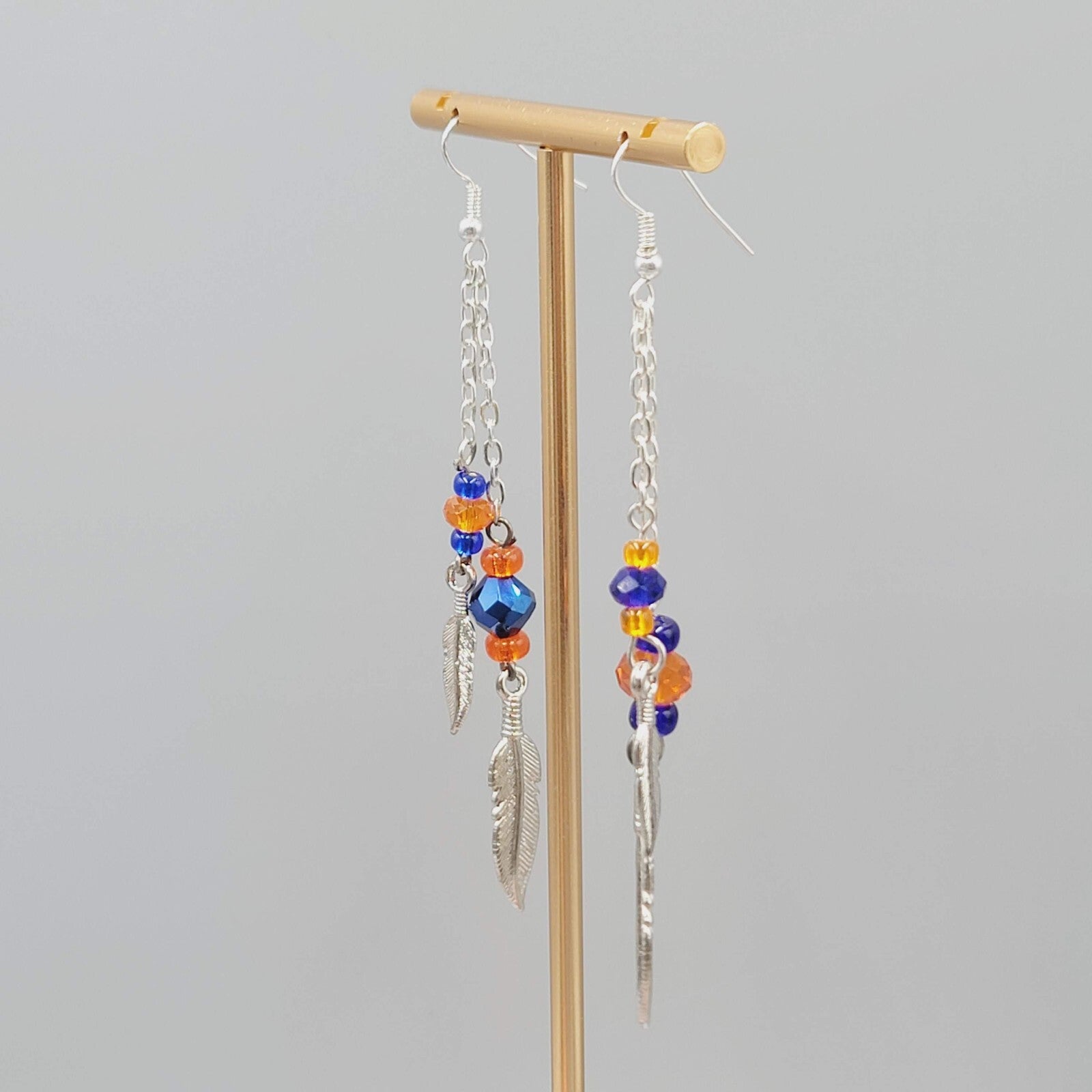 Dangle Pierced Earrings Silvertone Bead Chain Feather Accent 3.25" Denver Bronco