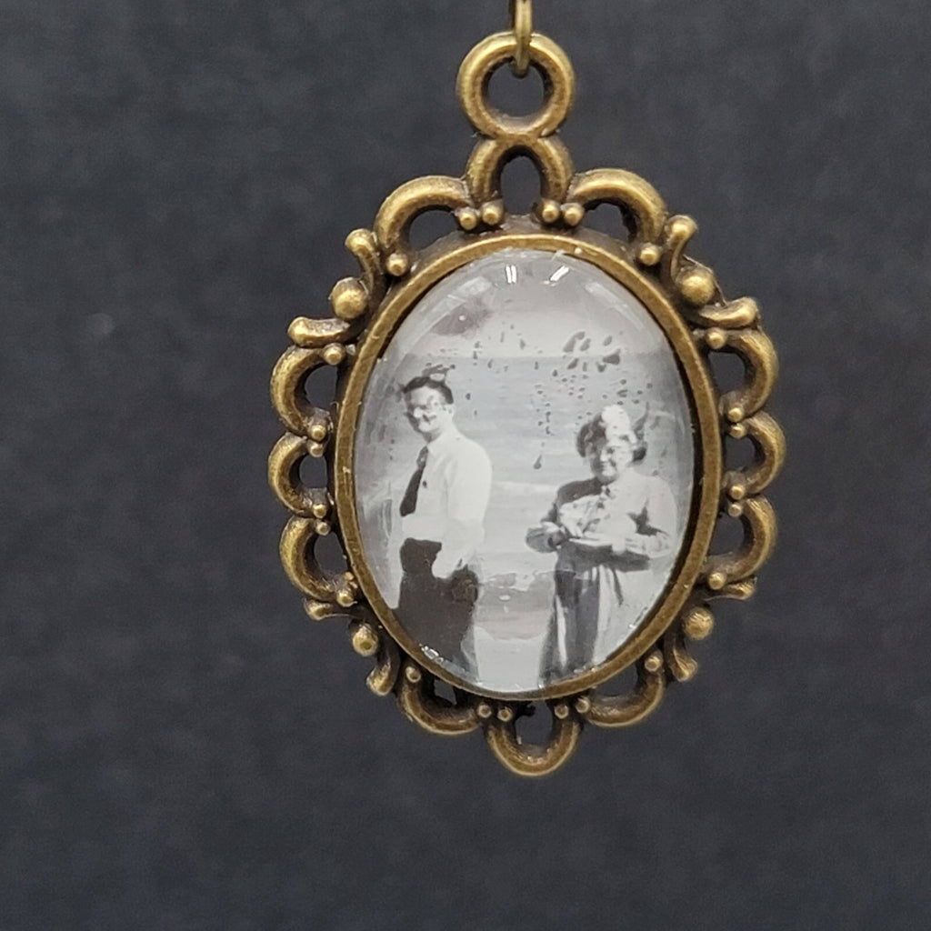 Pierced Earrings Bronze tone Real Photo Glass Cabochon Dangle 1.25"
