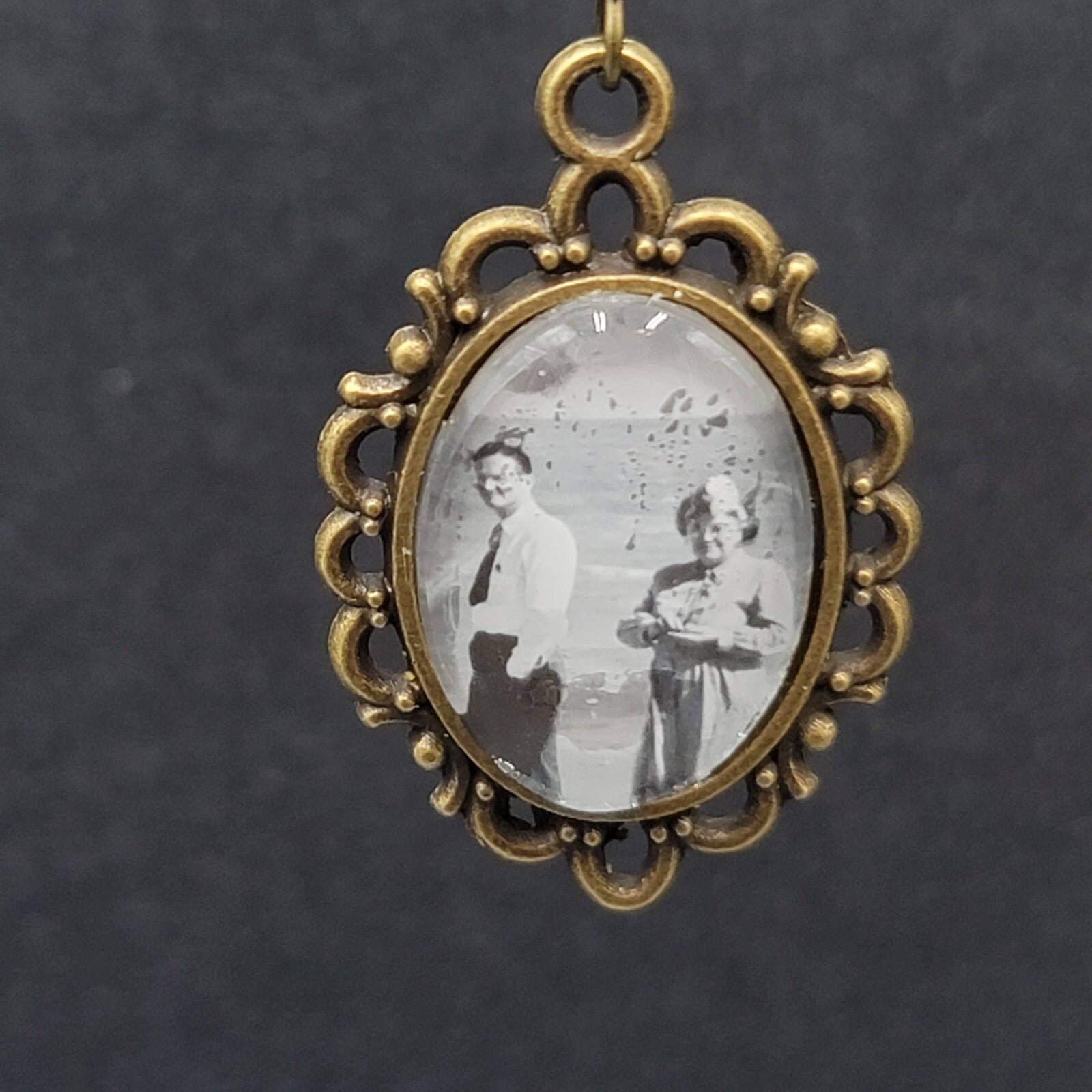 Pierced Earrings Bronze tone Real Photo Glass Cabochon Dangle 1.25"