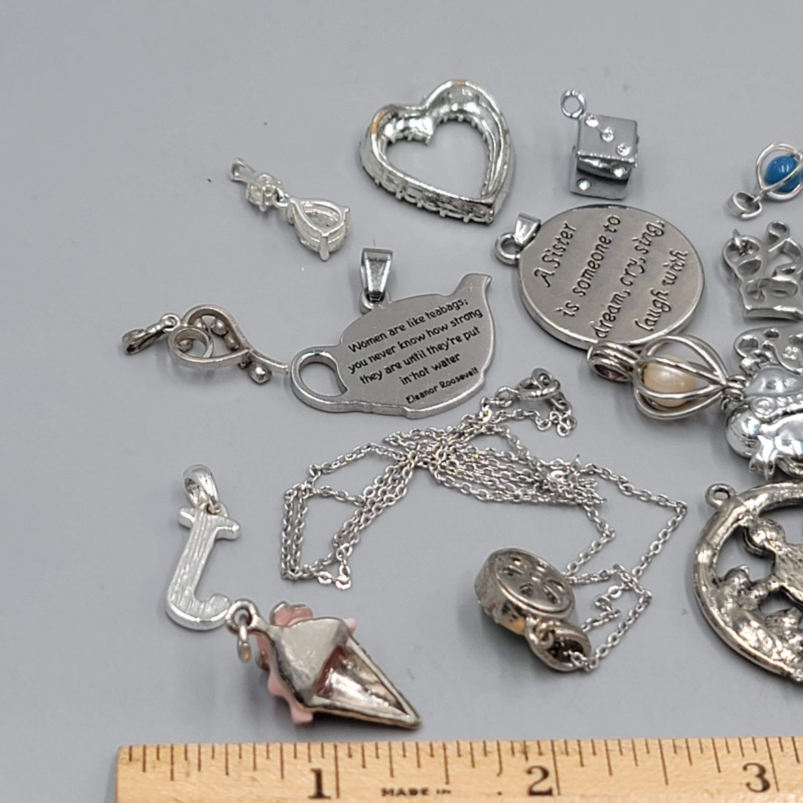 All Silver tone Pendant Lot of 16 Various Styles One Chain Included
