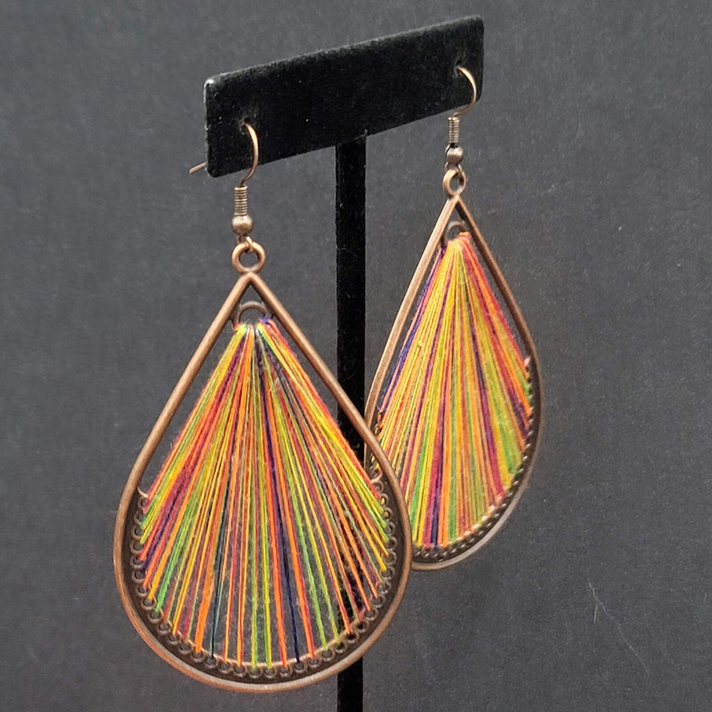 New Boho Pierced Earrings Copper tone Rainbow Threaded Dangle Teardrop 2.75"