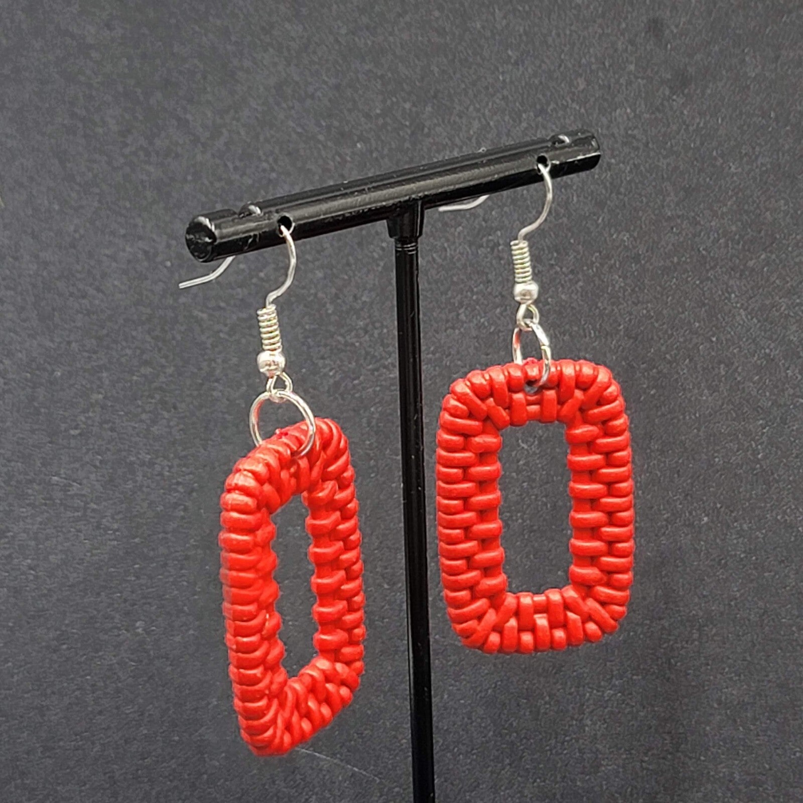 Pierced Earrings Red Acrylic Rectangle Weave Design Dangle 1.5"