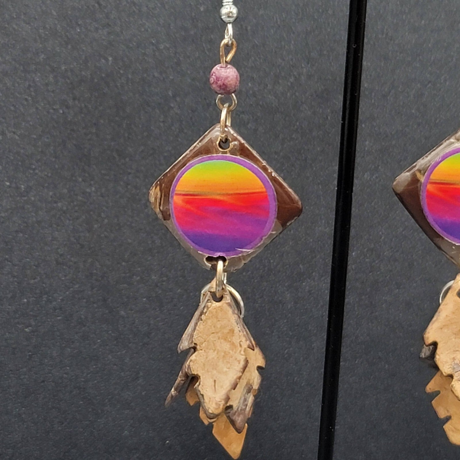 Vintage Coir Coconut Shell Pierced Earrings Multicolor Beach Scene Dangle 2.5"