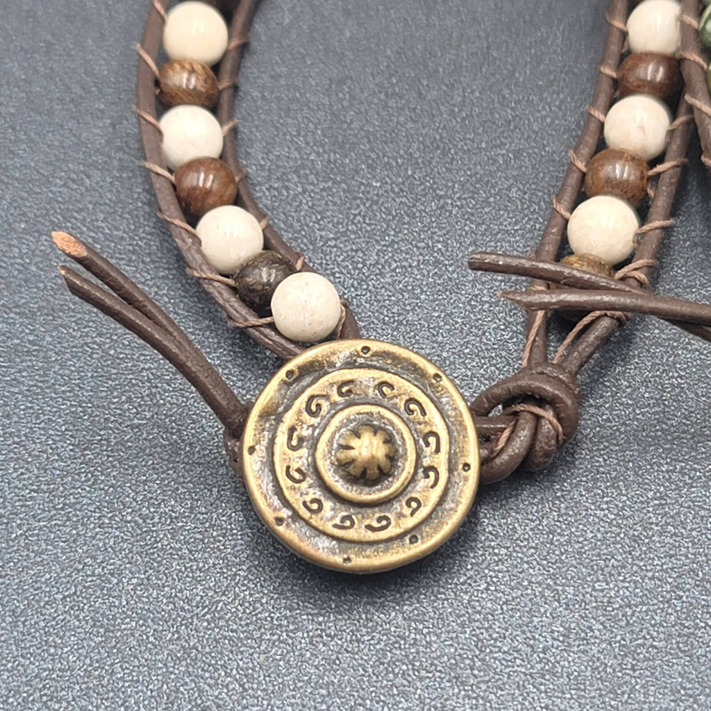 Lot of 3 Bracelets Stone Beads Flower Peace Sign Cord Bronze tone Clasp