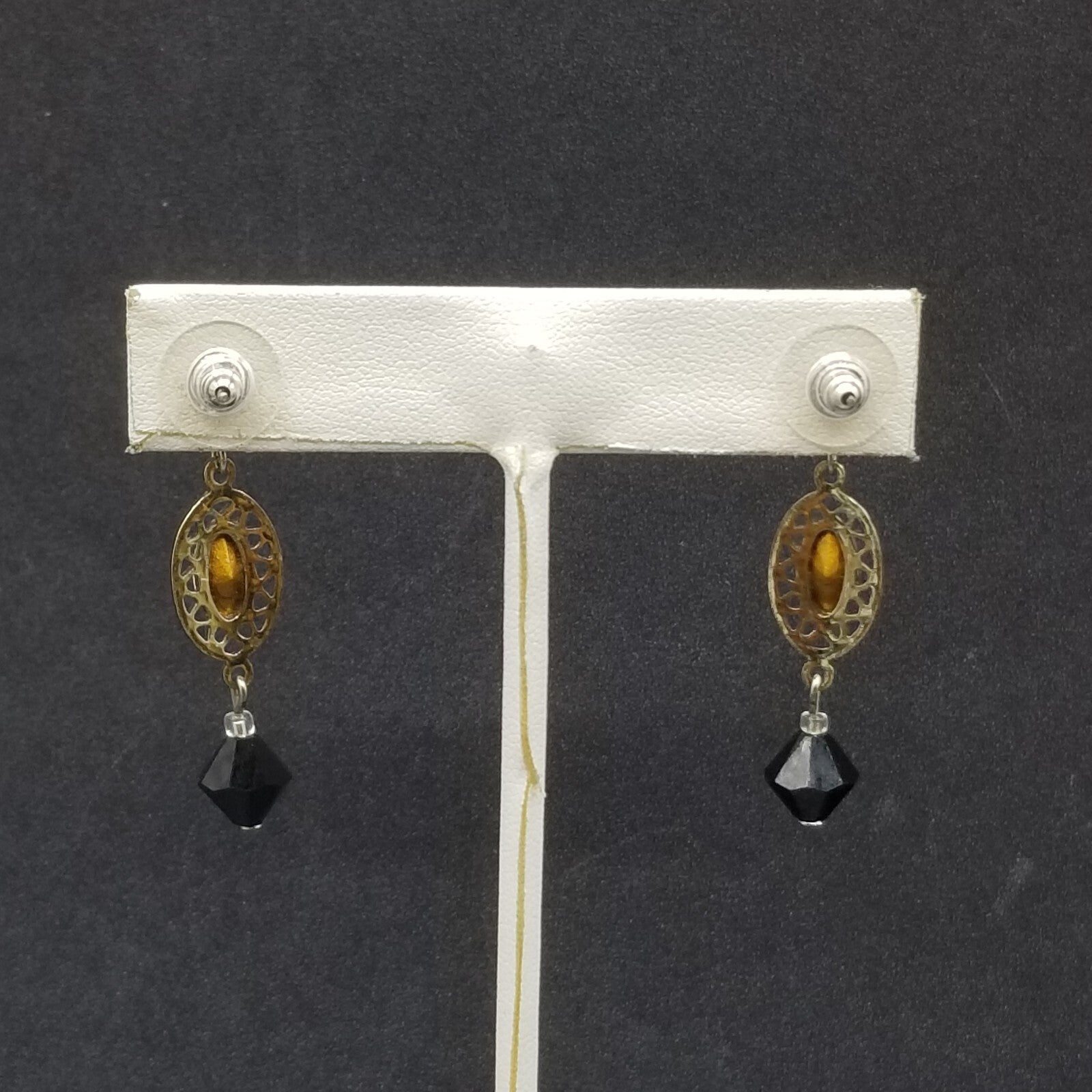 Pierced Earrings Silver tone Open Work Black Clear Faceted Crystal Dangle 1 3/4"
