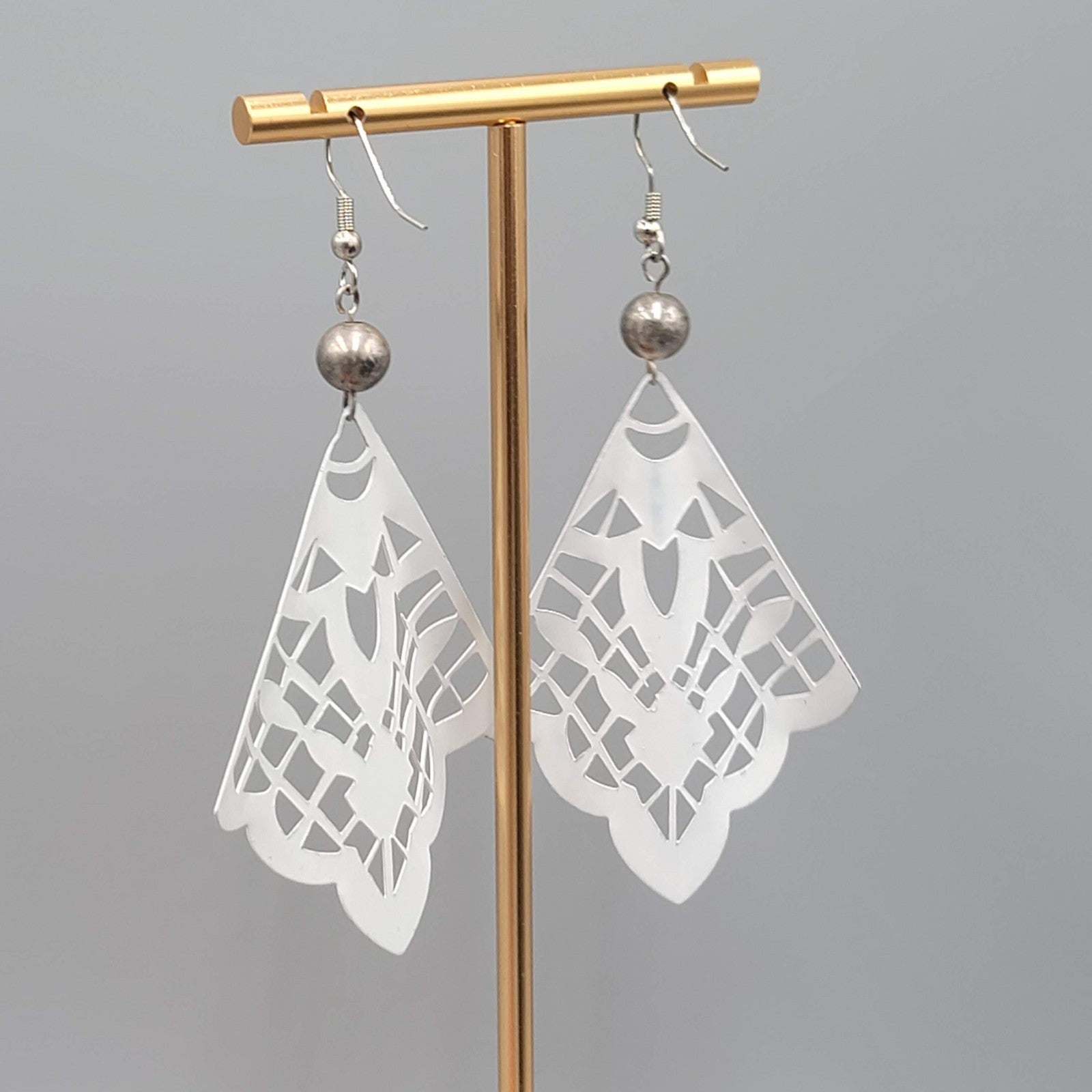 Large White Enamel Pierced Earrings Silver tone Dangle  2.75"