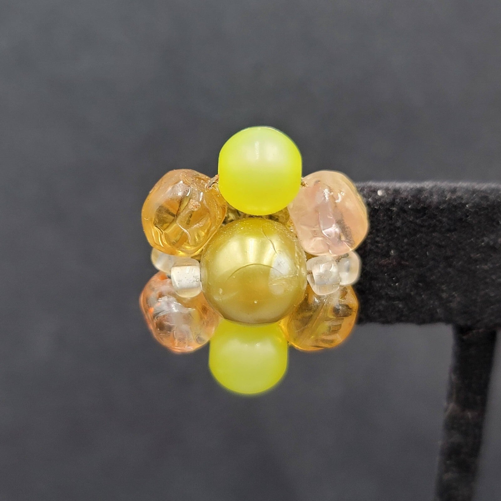 Vintage Clip on Earrings Yellow Green Pink Acrylic Cluster Bead Studs 1"