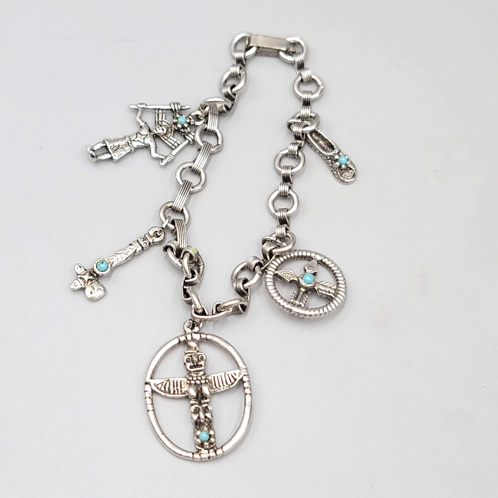Vintage Southwestern Silver tone Charm Bracelet Blue Accent 7.25"